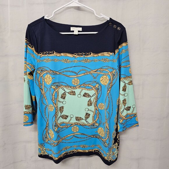 Charter Club Blouse Blue Black Equestrian Preppy Casual M - Picture 9 of 13